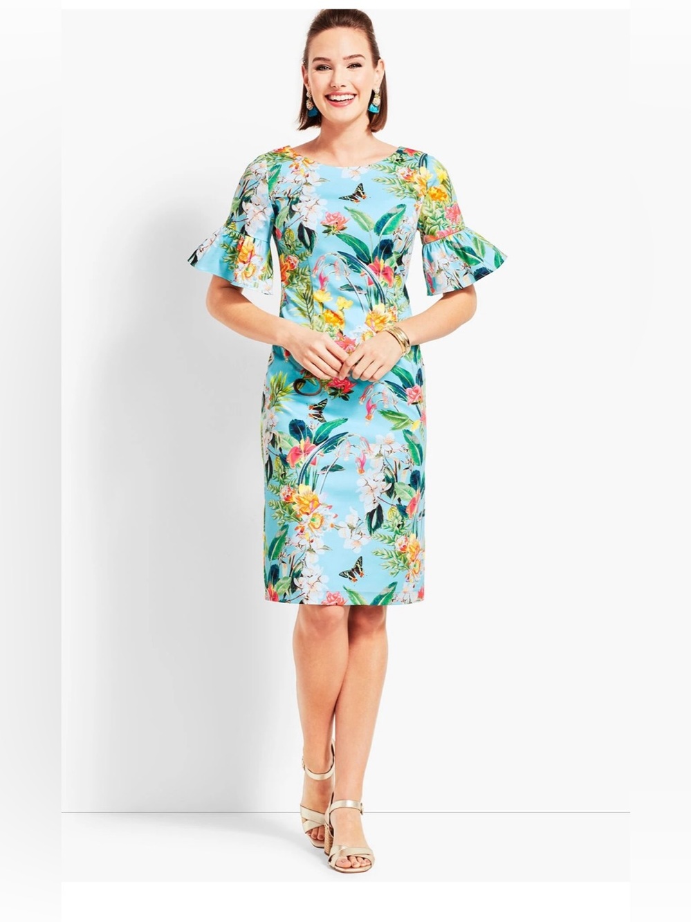 RSVP BY TALBOTS BOTANICAL FLOUNCE-SLEEVE SHEATH DRESS SIZE 12 RESORT VACATION